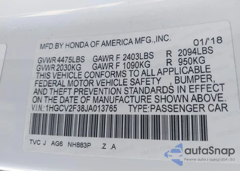 2018 Honda Accord Sport 2.0T from USA, damaged, VIN 1HGCV2F38JA013765